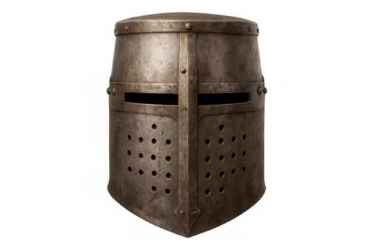 Close-up of a medieval crusader helmet with visible holes and scratches, isolated on a transparent background