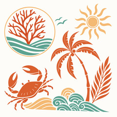 Tropical beach scene with coral palm tree sun and crab waves