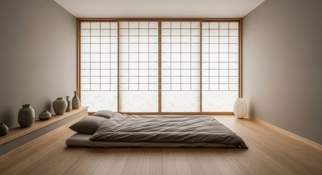 Japanese-style bedroom with futon bed, shoji screens, wooden floor, and ceramic vase decor.