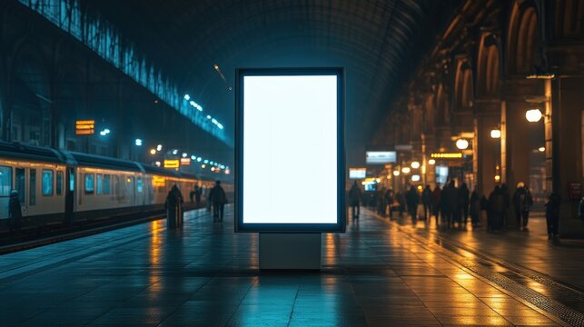 a modern advertising billboard stands illuminated on a bustling train platform at night surrounded by commuters and urban infrastructure creating a dynamic ambiance for display purposes