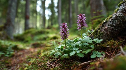 Obraz premium Enchanted Forest: Purple Flowers in Mossy Grove