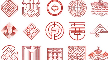 Collection of intricate, red-outlined, decorative Chinese-inspired geometric patterns.