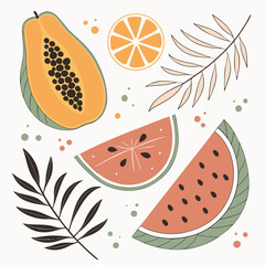Vibrant summer fruits papaya watermelon orange slices tropical leaves vector
