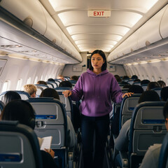 A young woman stands in an airplane aisle, looking concerned, surrounded by passengers.