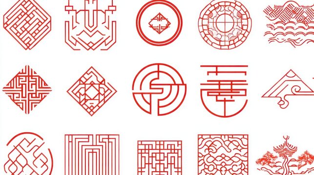 Collection of intricate, red-outlined, decorative Chinese-inspired geometric patterns.