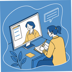 Woman learning online with notes and presentation webinar online learning