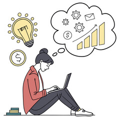 Woman thinking of business growth and ideas while working on laptop lightbulb