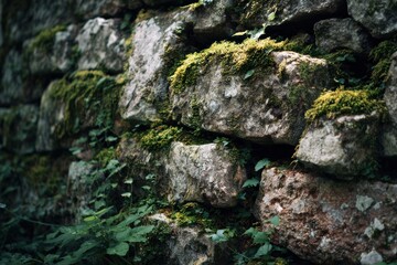 Ancient Stone Wall Texture with Green Moss, Nature's Artistry