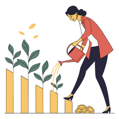 Woman watering plants growing from financial graph businesswoman watering can © rabi