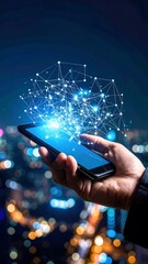 Hand holding smartphone with glowing network graphic