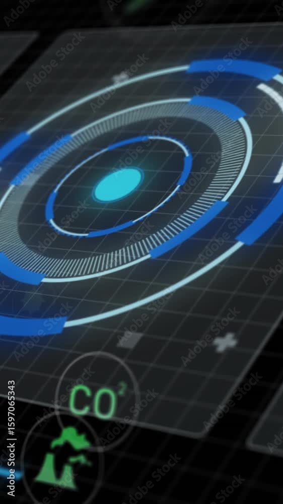 Poster displaying animation of futuristic digital interface with circular graphs in school