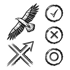 Black ink bird and symbols flying wings