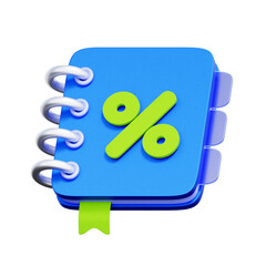 3D icon of a spiral notebook. with the word "TAX" and a percentage symbol. For tax preparation, financial calculations, accounting services, and legal compliance.