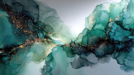 Abstract Teal and Gold Ink Wash Painting
