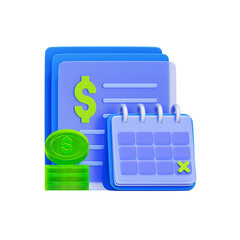 3D icon of a financial document. with a calendar and stacked dollar coins. For billing dates, payment due, invoice management, and financial record keeping.