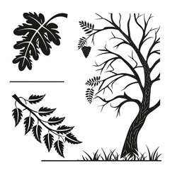 Black silhouette of deciduous tree with leaves and grapes