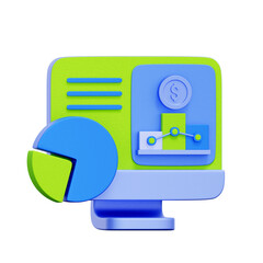 3D icon of a computer monitor. with a bar chart, a pie chart, and a dollar coin. For financial reporting, data analysis, investment tracking, and business metrics.