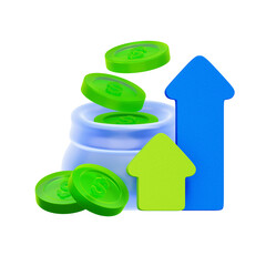 3D icon of a calculator. with a money bag and an upward arrow. For investment calculation, financial growth, savings planning, and profit estimation.