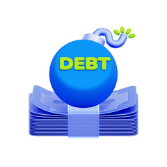 3D icon of a bomb with the word "DEBT" on it, resting on a stack of money. For debt crisis, financial burden, loan risk, and economic instability.