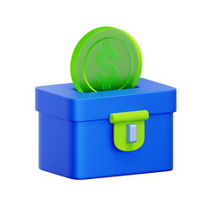 3D icon of a money box. with a dollar coin inserted. For charitable donations, fundraising, giving, and community support.