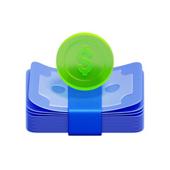 3D icon of a stack of banknotes. with a dollar coin on top. For cash, wealth, financial assets, investment, and payment.