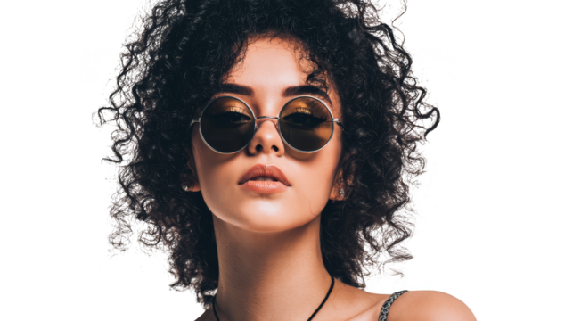 Stylish woman with curly hair and sunglasses, a fashion portrait - Powered by Adobe