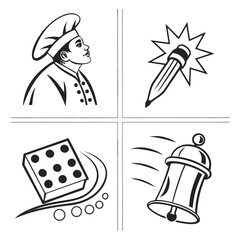 Chef pencil dice bell icons cooking writing