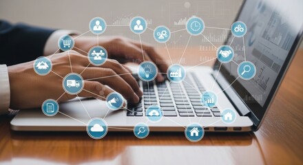 A businessmans hands typing on a laptop, with a digital network of icons connecting various business concepts