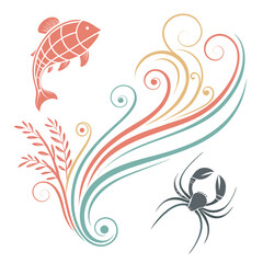 Coral fish crab and swirling lines teal gold
