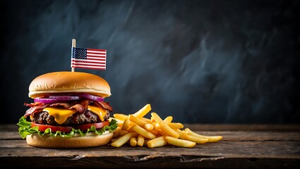 American-Themed Burger and Fries on Rustic Wood, A Delicious Combination of Classic American Food