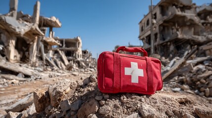 Red First Aid Kit in War-Torn Cityscape: Symbol of Hope and Emergency Response