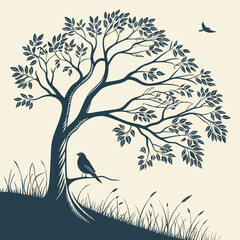Dark blue silhouette of a tree with leaves and birds
