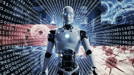 A futuristic humanoid robot with glowing eyes stands before a radiating background of digital binary code. - Powered by Adobe