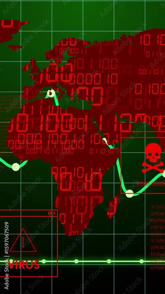 Poster animation of digital world map showing virus and malware warnings in red and green