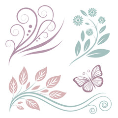 Floral Swirls and Butterfly Art flowers leaves