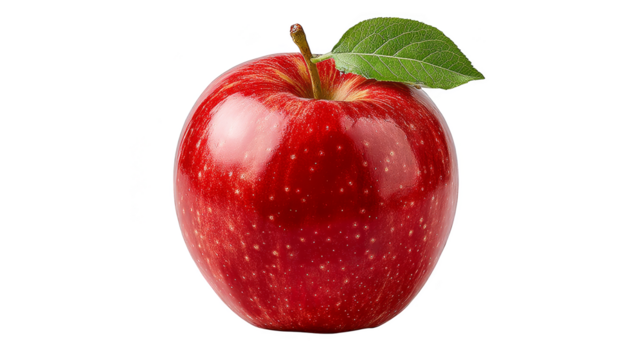 Closeup of a ripe red apple with green leaf, symbol of freshness and healthy eating