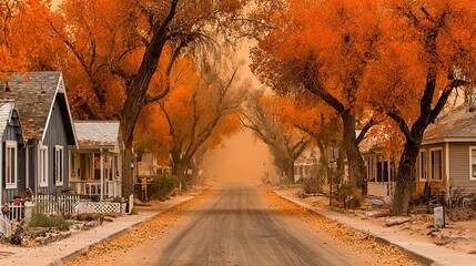 Fototapeta premium Autumnal street scene with colorful trees lining a residential road.