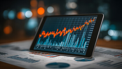 Digital financial graph on tablet displays business growth analysis. Printed quarterly reports alongside. Comparative analysis clear. Modern financial tech. Business trends. Growth projections