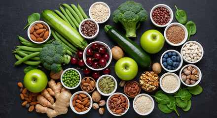 Healthy food assortment: fresh vegetables, fruits, nuts, seeds on dark background