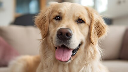 Golden Retriever Puppy Dog Looking Adorably at the Camera with its Tongue Hanging Out in a Home Environment