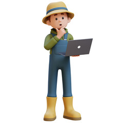 3D young farmer character thinking and working on a laptop.