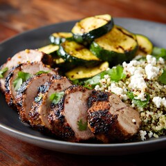 Low-sodium grilled pork tenderloin with grilled zucchini and quinoa salad – healthy grilled pork tenderloin, low-sodium pork tenderloin dish, balanced pork tenderloin meal