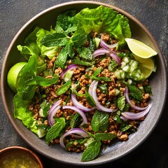 Plant-based Thai larb with mushrooms, vegan Thai larb mushroom dish, healthy plant-based Thai larb, Vegan Thai larb plate, Plant-based spicy salad, Mushroom herb larb dish