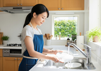 明るいキッチンで、デニムエプロンを纏い食器を丁寧に洗う女性