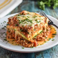 Zucchini lasagna with low-fat cheese, tomato sauce, and lean ground turkey – healthy zucchini lasagna, low-carb zucchini lasagna, clean zucchini lasagna recipe

