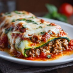 Zucchini lasagna with low-fat cheese, tomato sauce, and lean ground turkey – healthy zucchini lasagna, low-carb zucchini lasagna, clean zucchini lasagna recipe

