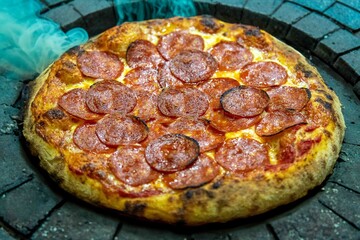 Pepperoni's true rustic pizza with sourdough mass fermented with Levain. A perfect vera pizza, perfect for advertising.