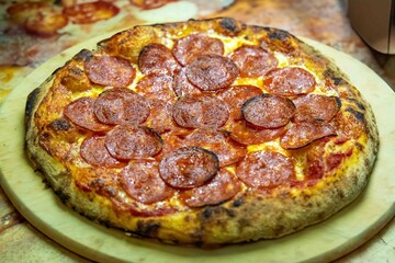Pepperoni's true rustic pizza with sourdough mass fermented with Levain. A perfect vera pizza, perfect for advertising.