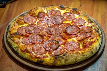 Pepperoni's true rustic pizza with sourdough mass fermented with Levain. A perfect vera pizza, perfect for advertising.