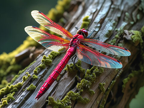 A red dragonfly with colorful transparent wings perched on a mossy log in the middle of a tropical forest.